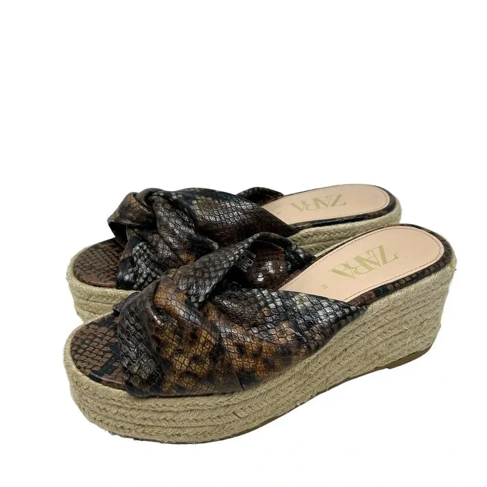 Zara Brown Snakeskin Jute Espadrille Platform Slide Sandals Size 39 /‎ US 8.5
